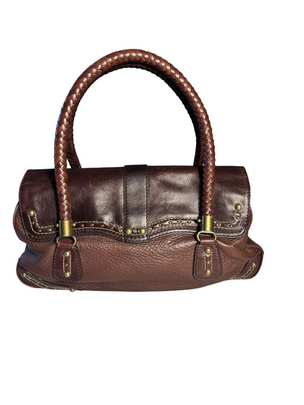 Vintage Rare Michael Kors Brown Leather Satchel Bag Braided Handles & Brass - Picture 2 of 16